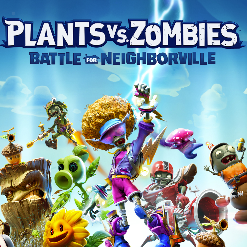 Okładka gry Plants vs Zombies: Battle for Neighborville. Kolorowe postacie i tytuł.