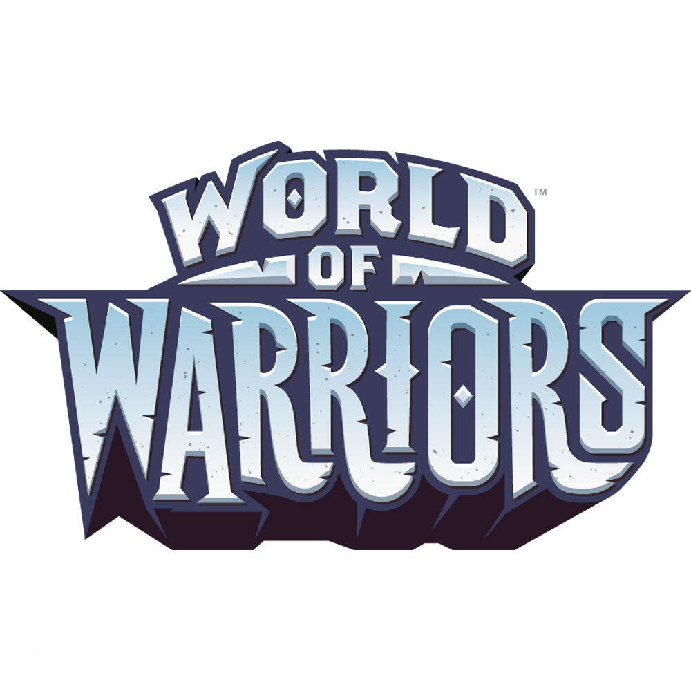 Logo World of Warriors. Biały tekst na niebieskim tle. Tekst ma efekt cienia.