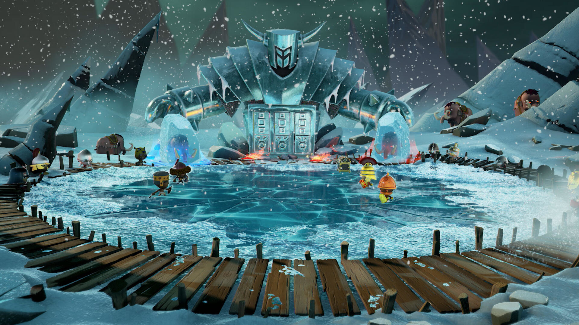 Zaśnieżona scena fantasy z postaciami na zamarzniętym jeziorze i dużym lodowym golemem.