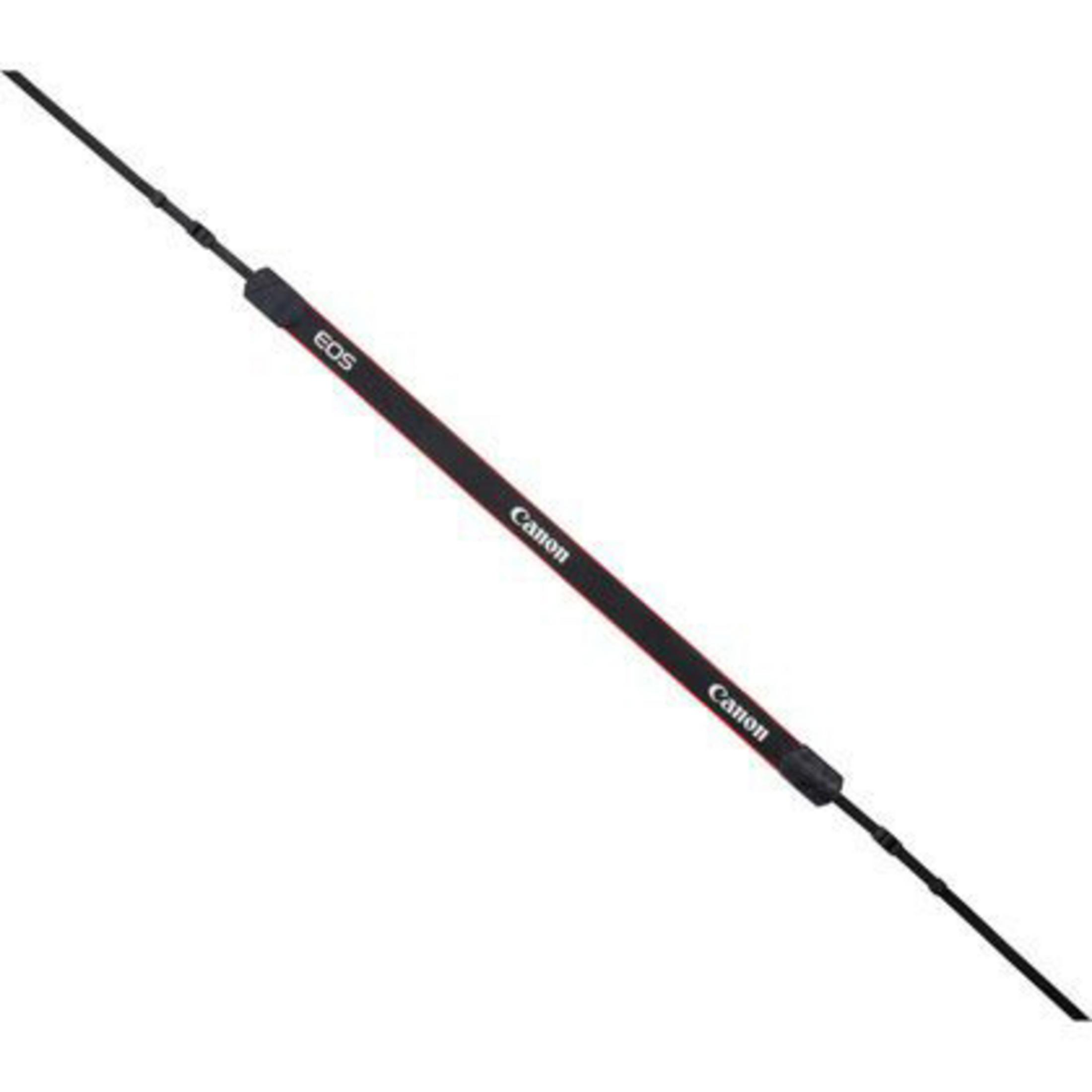 Czarny pasek do aparatu Canon z czerwoną linią, białe tło.