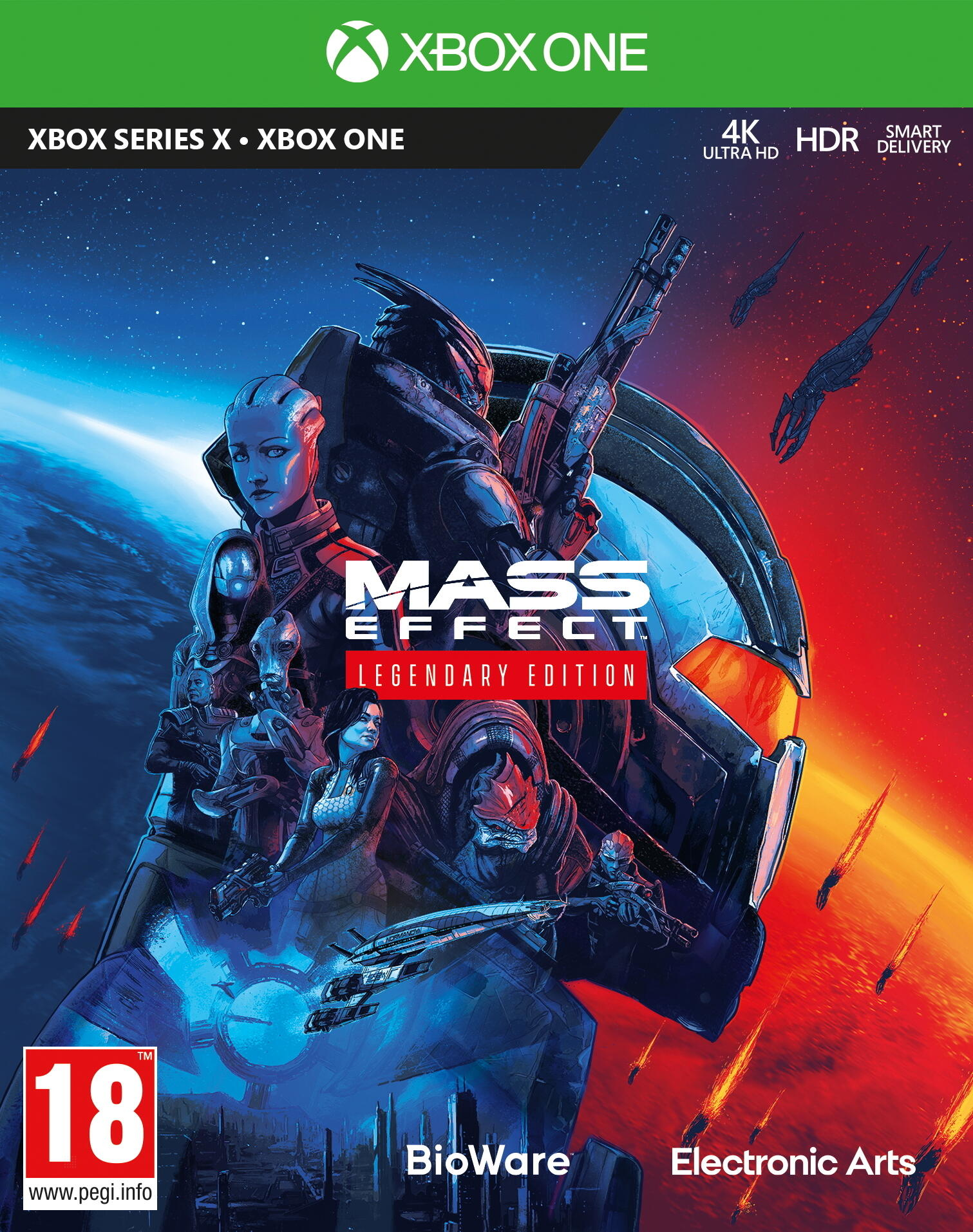 Pudełko z grą Mass Effect: Legendary Edition Xbox Series X z okładką z grafiką sci-fi.