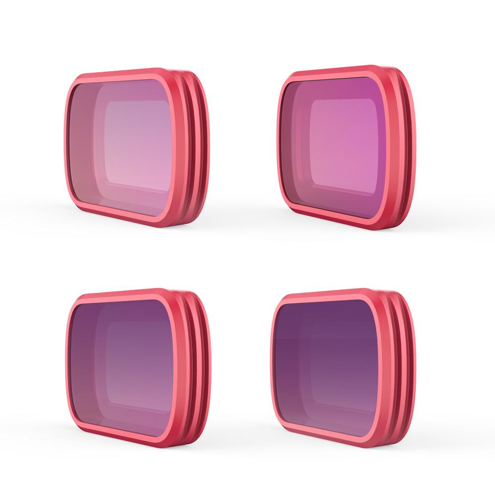 Cztery czerwone filtry do kamery z zaokrąglonymi rogami. Mają prostokątny kształt i przezroczysty środek.