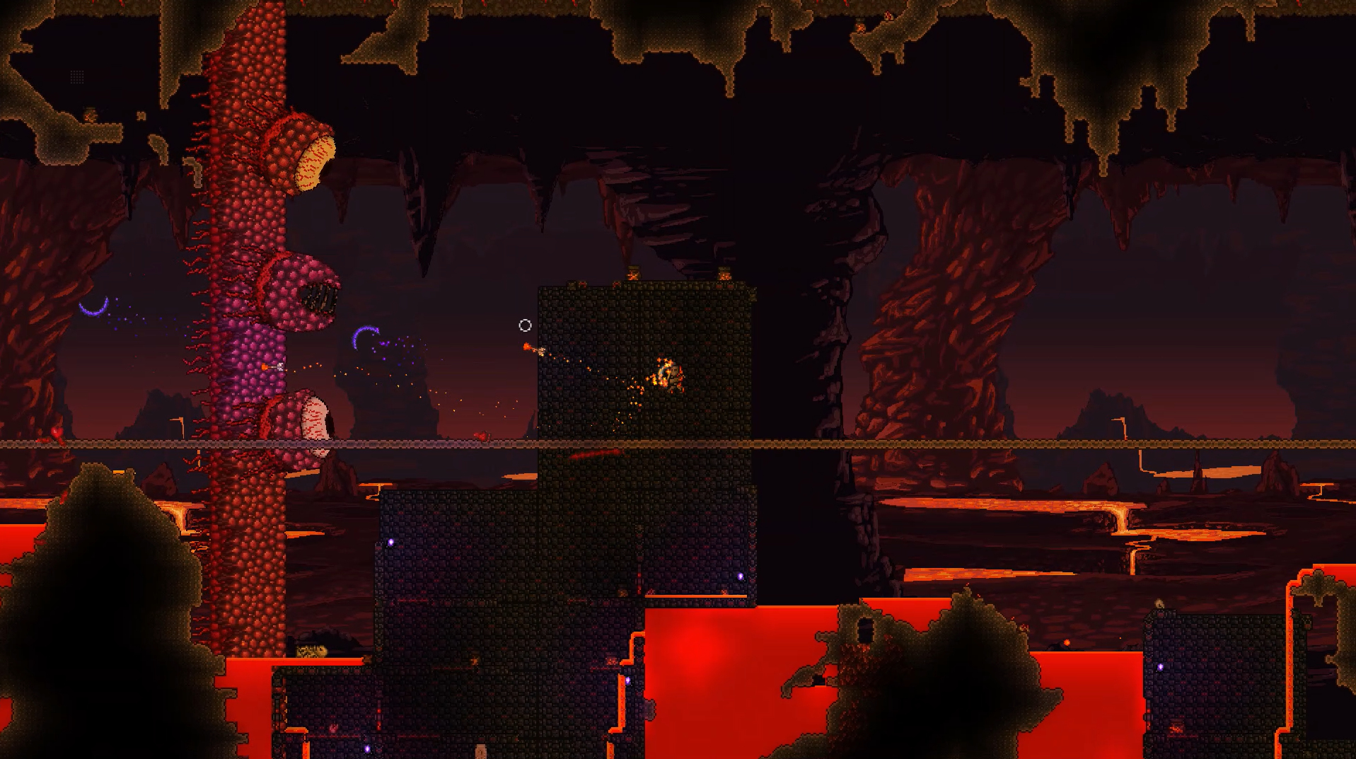 Pikselowa scena z gry z postacią walczącą z potworami w środowisku lawy.