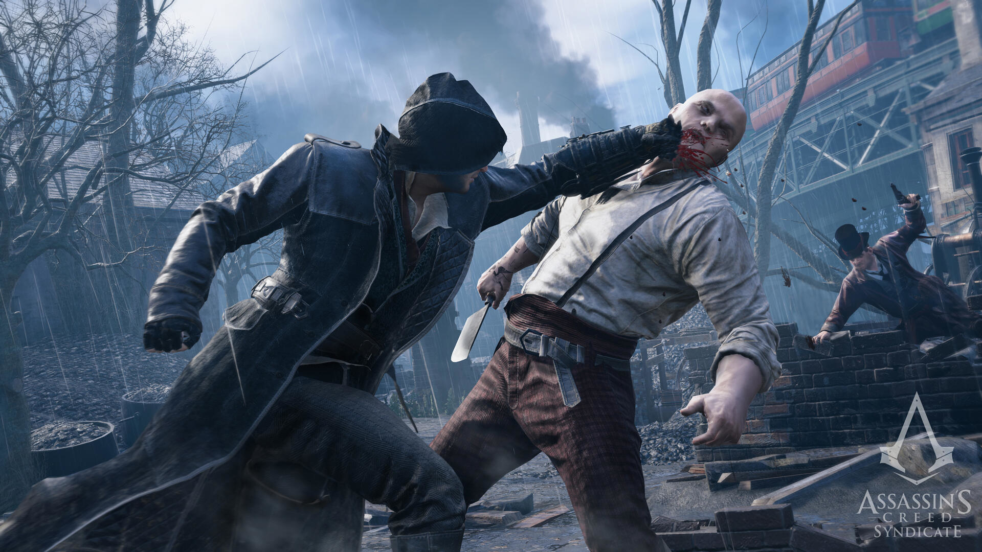 Scena z Assassin's Creed Syndicate. Walka na ulicy z nożem i pięściami. Deszcz i budynki.