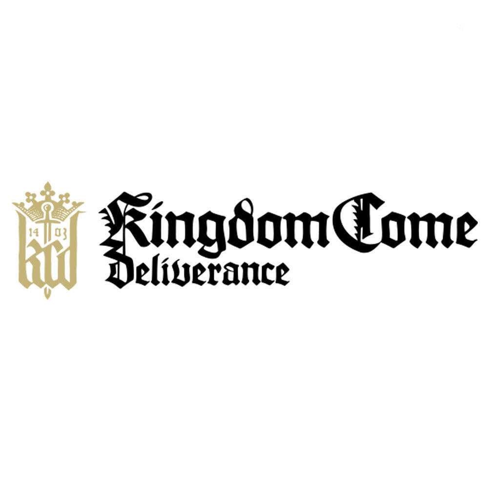 Logo Kingdom Come: Deliverance. Czarne i złote litery na białym tle.