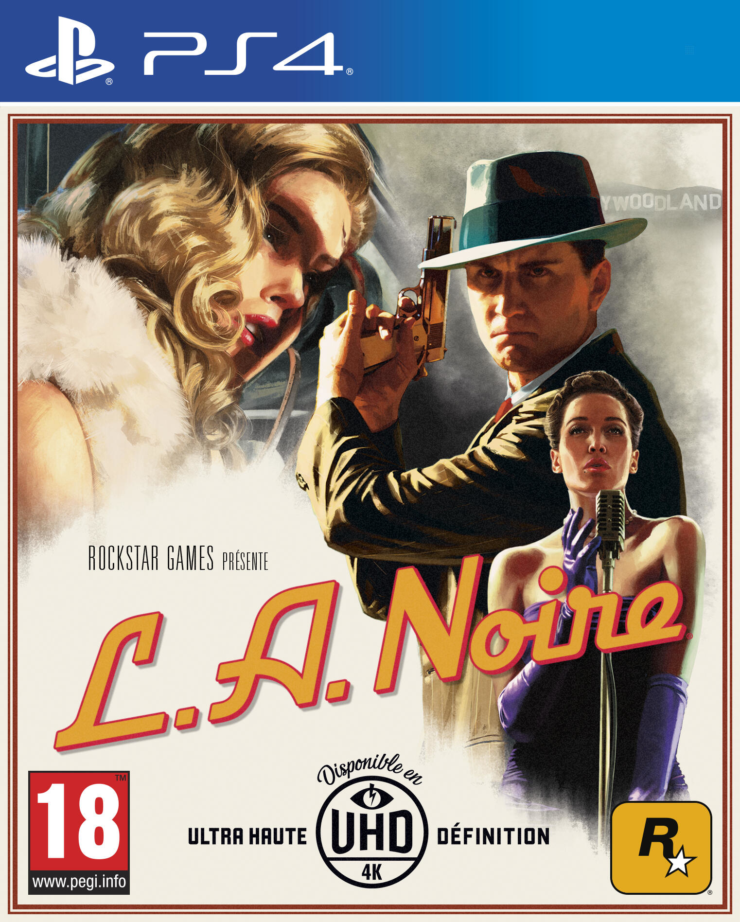 Copertina del gioco L.A. Noire. Un uomo con una pistola, donne e il titolo del gioco.