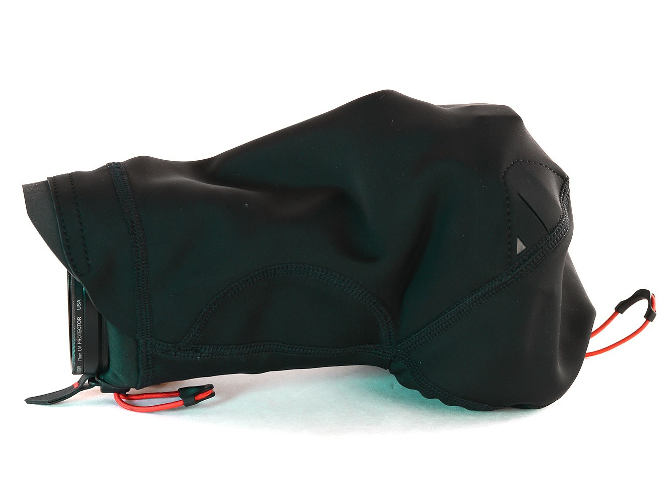 Black camera cover with red drawstring, on a white background. The cover is shaped to fit a camera.