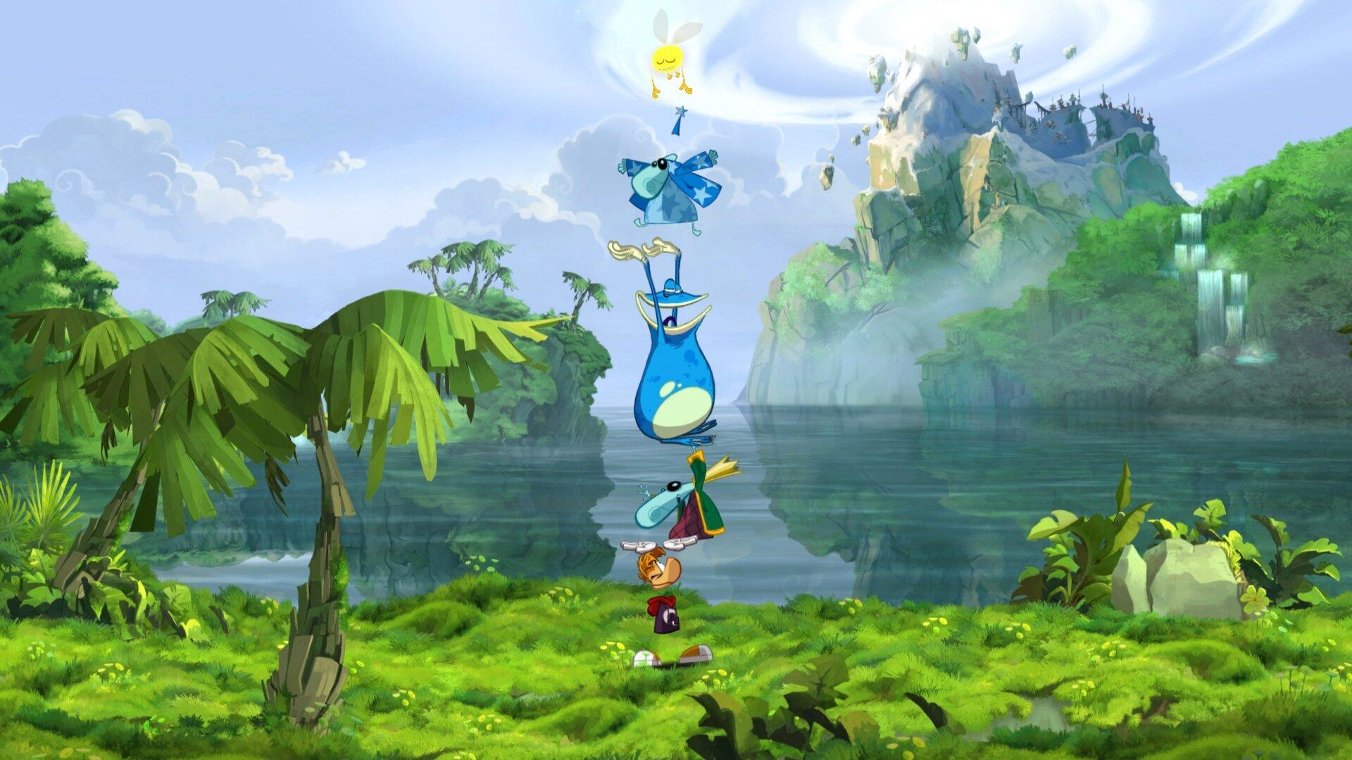 Eine Spielszene zeigt eine Reihe blauer Kreaturen. Der Hintergrund ist ein See und eine grüne Landschaft.