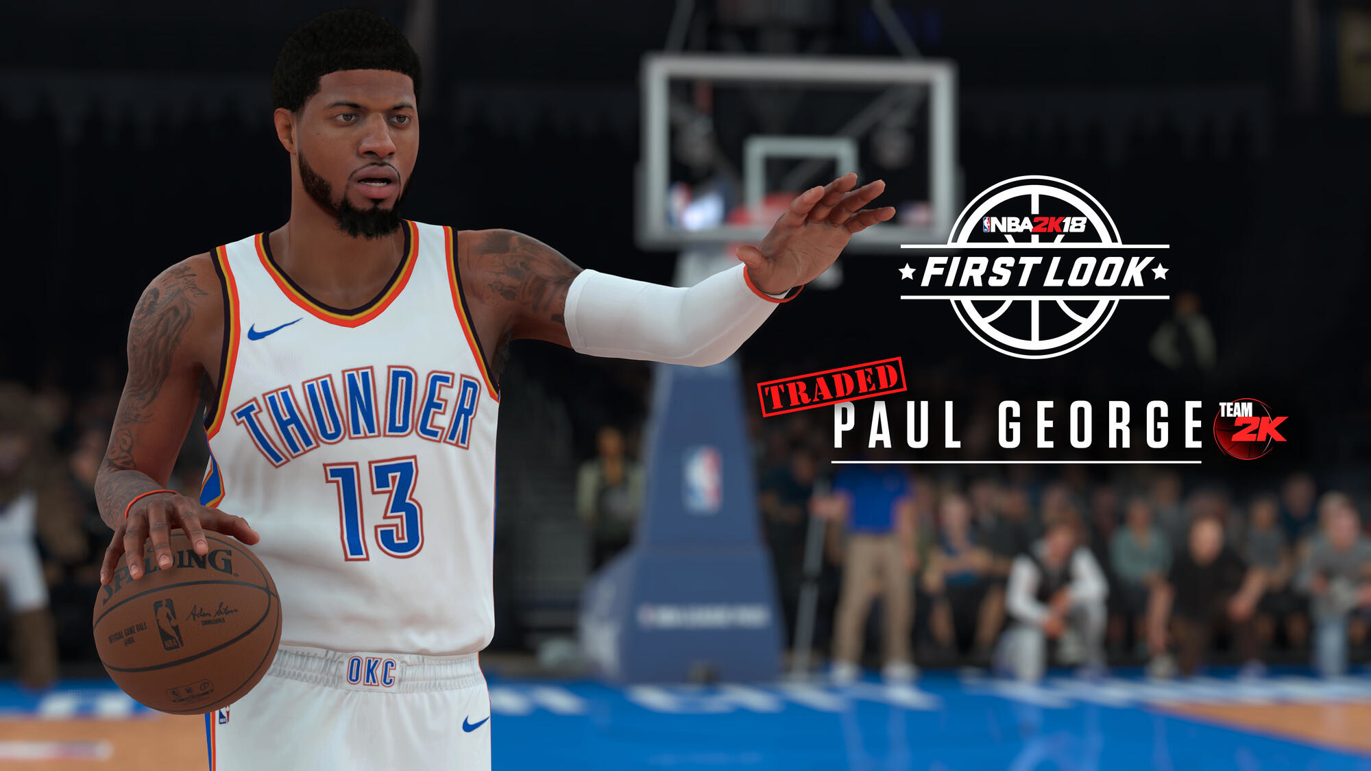 Paul George w koszulce OKC Thunder, trzymający piłkę do koszykówki. Tytuł NBA 2K18 First Look.