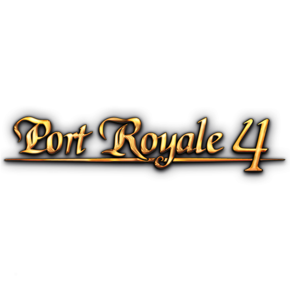 Złote logo gry Port Royale 4 na białym tle. Tytuł jest stylizowany.