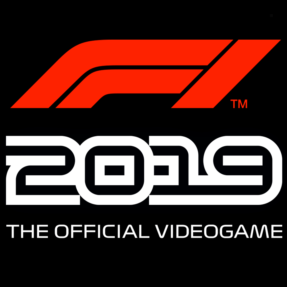 Logo F1 2019 The Official Videogame. Czerwony i biały tekst na czarnym tle.