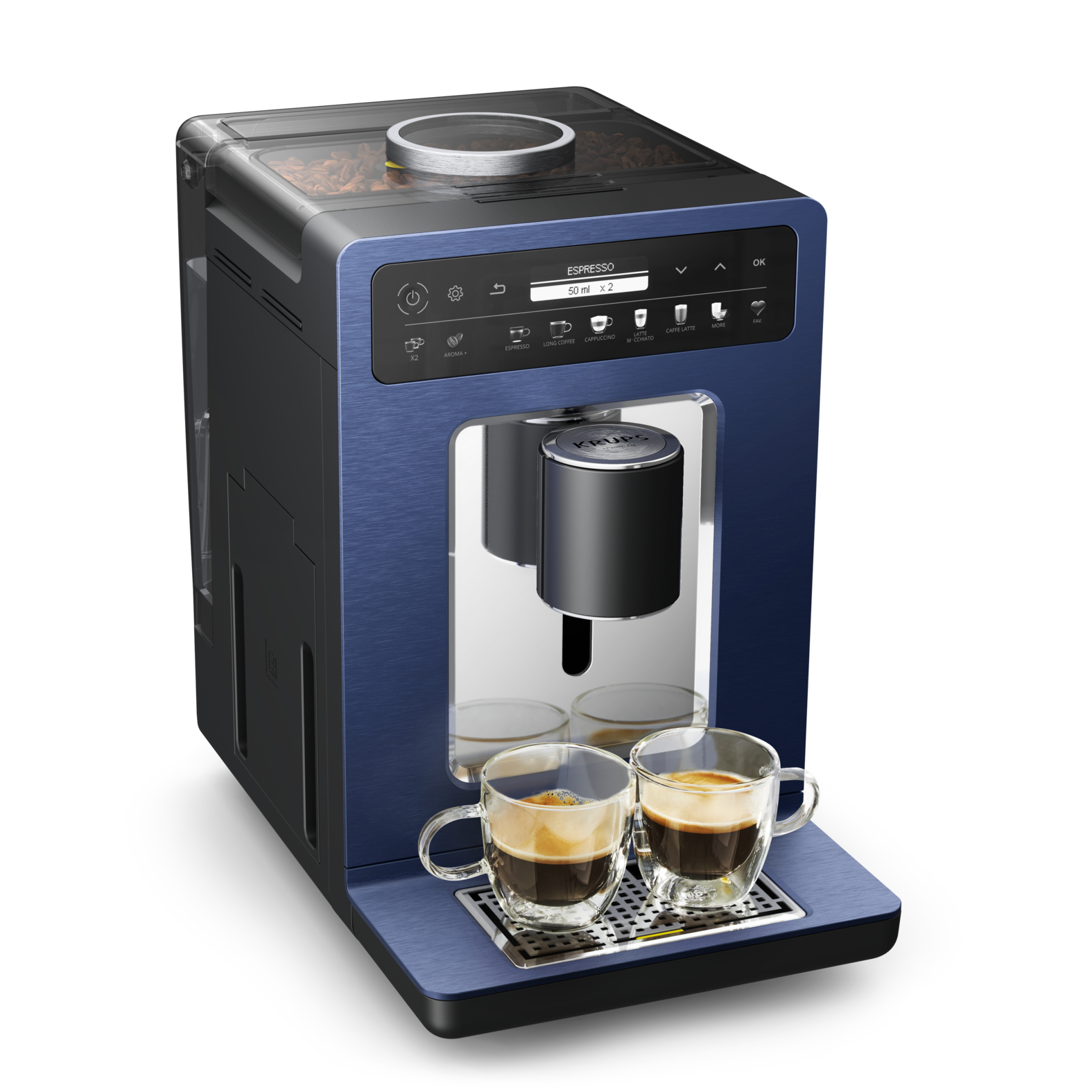 Macchina per espresso blu e nera con tazza di caffè. Su sfondo bianco.
