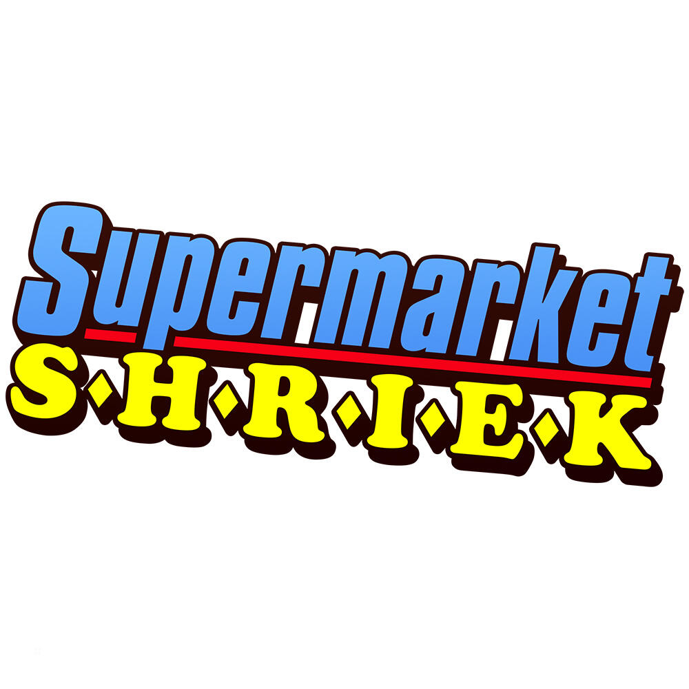 Logo Supermarket Shrek, tekst w kolorze niebieskim i żółtym z czerwoną linią.