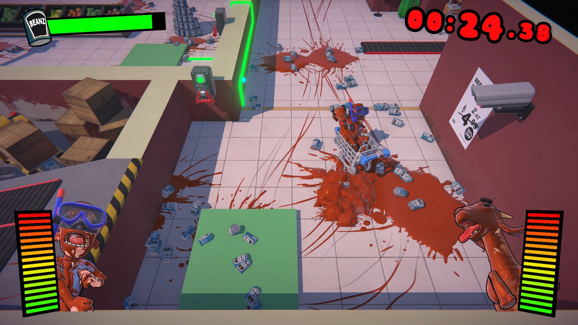 Scena gry. Dwie postacie, jedna w wózku sklepowym, druga w goglach. Obecna krew i pieniądze.