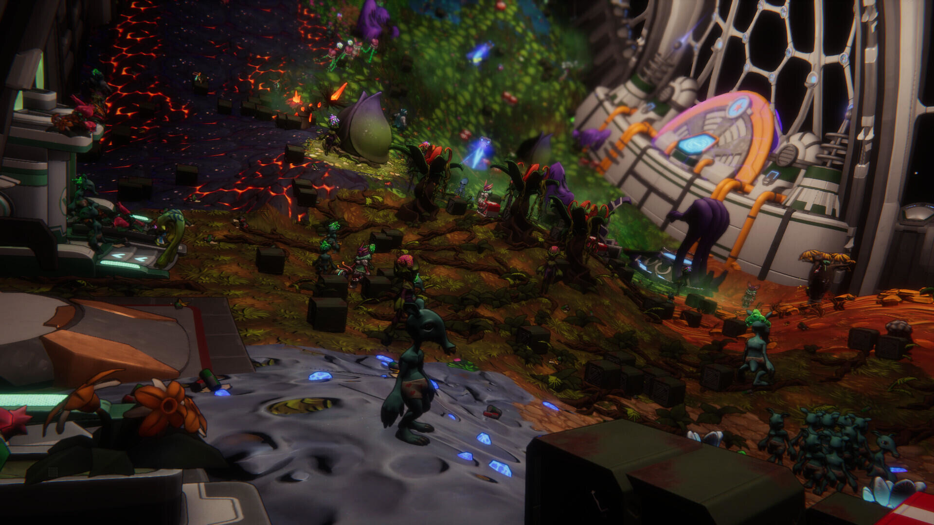 Futurystyczna scena z zielonymi stworzeniami, roślinami i uszkodzoną strukturą.