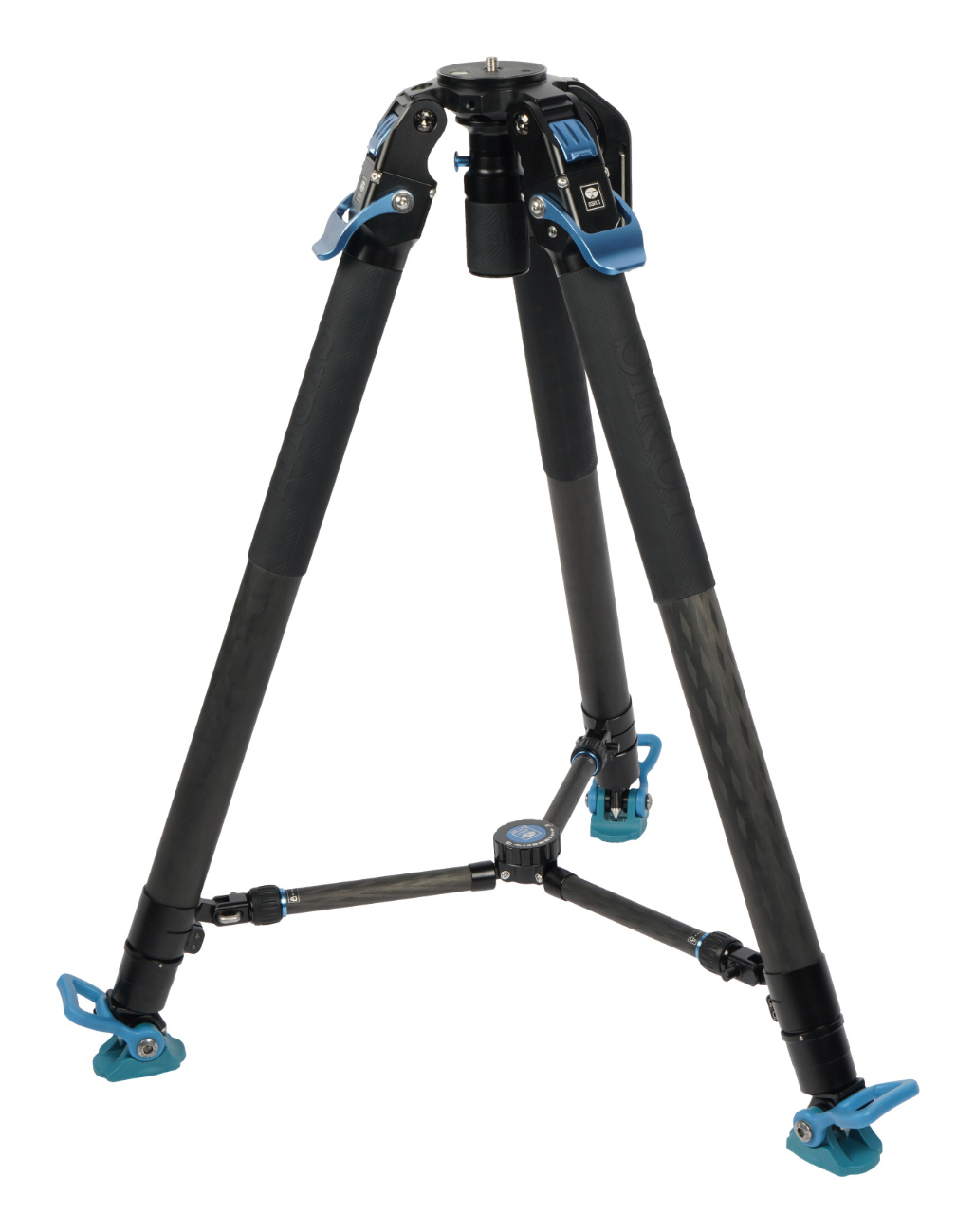A black and blue tripod with extended legs, against a white background. Blue levers and feet.