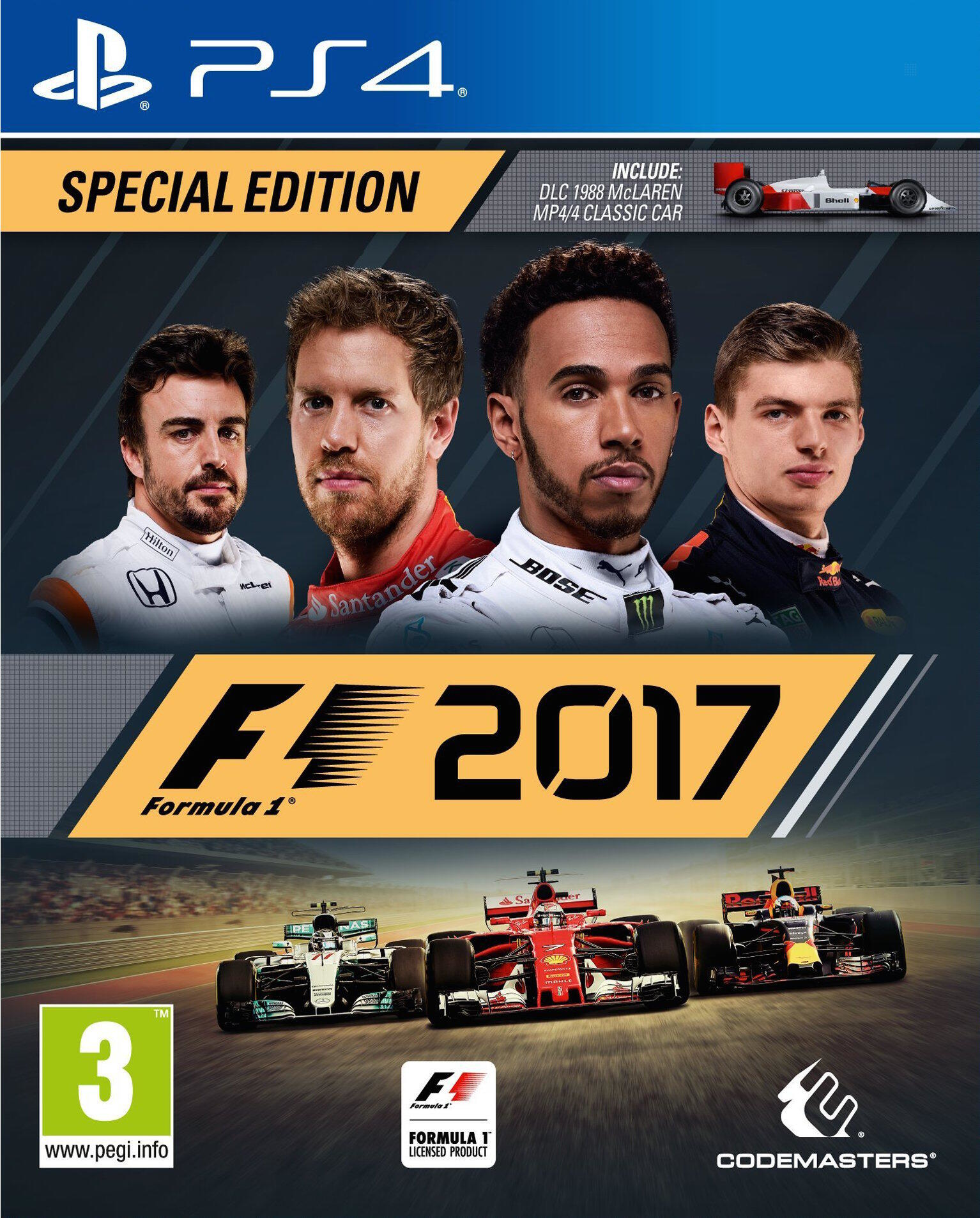 Copertina del gioco F1 2017 con quattro piloti, auto da corsa e il logo PS4.