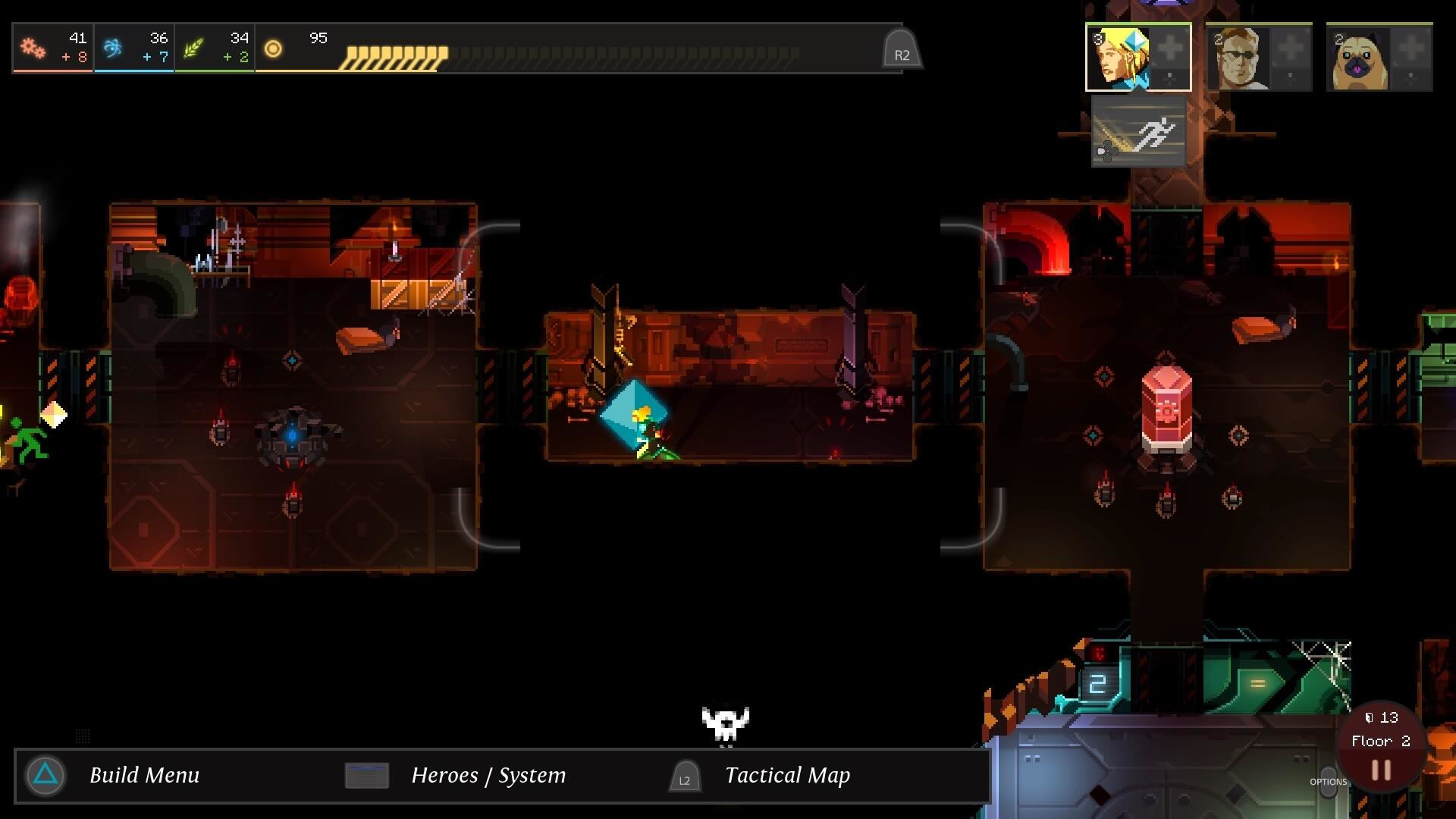 Widok z góry na poziom gry wideo z postaciami i wrogami w ciemnym otoczeniu.