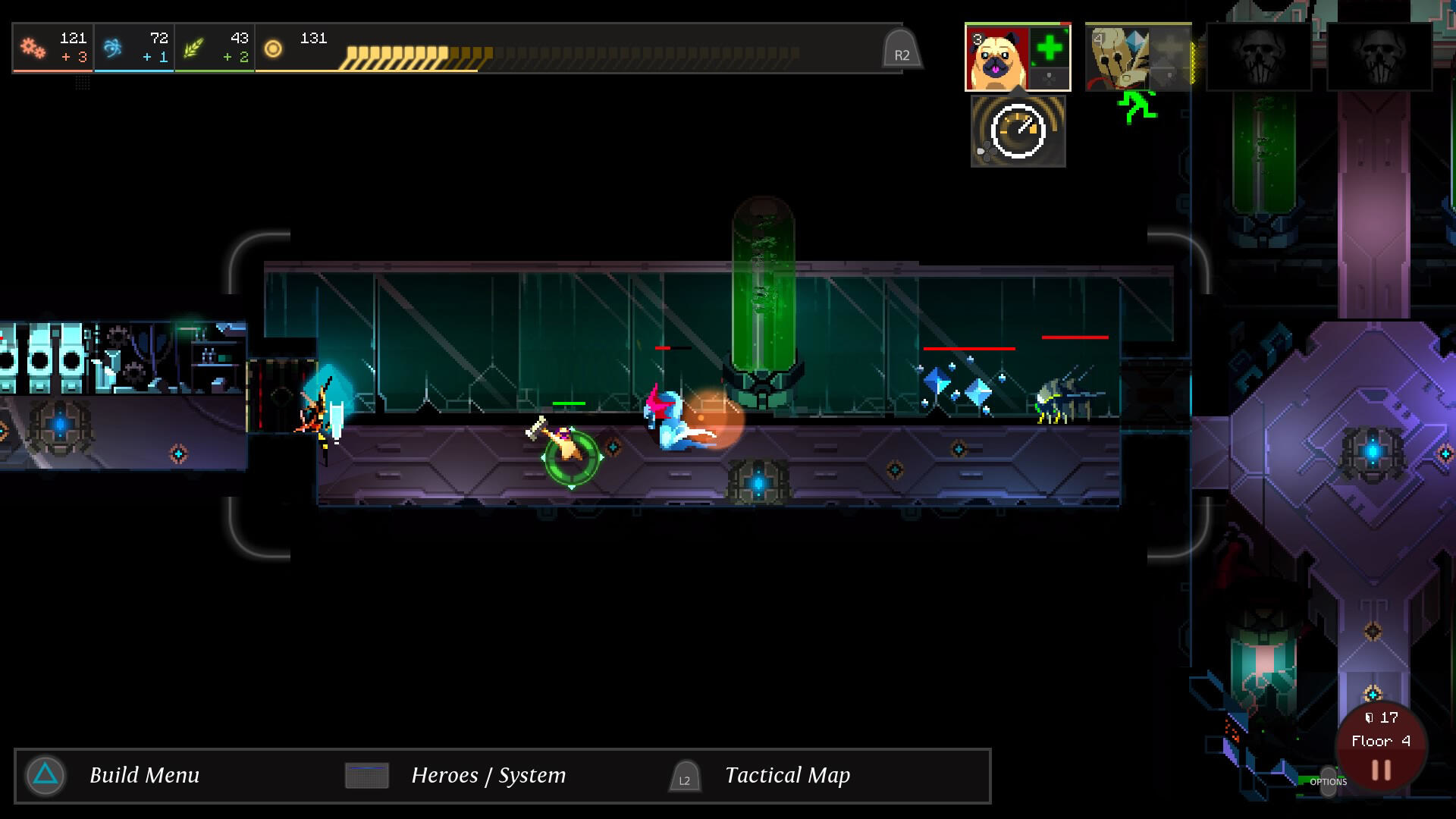 Widok z góry poziomu gry wideo z postaciami i wrogami, elementami akcji.