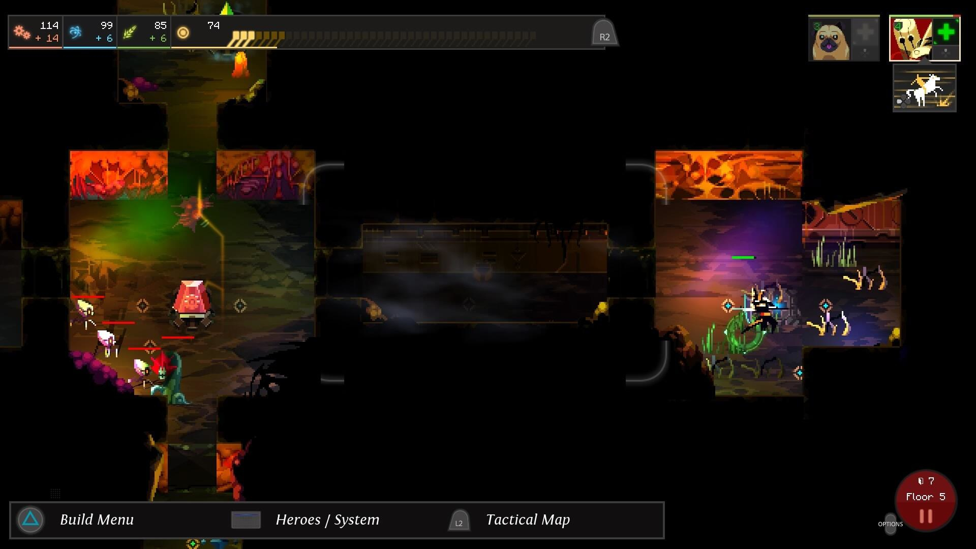 Izometryczna scena gry z ciemną mapą, kolorowymi elementami, ikonami i paskami zdrowia.