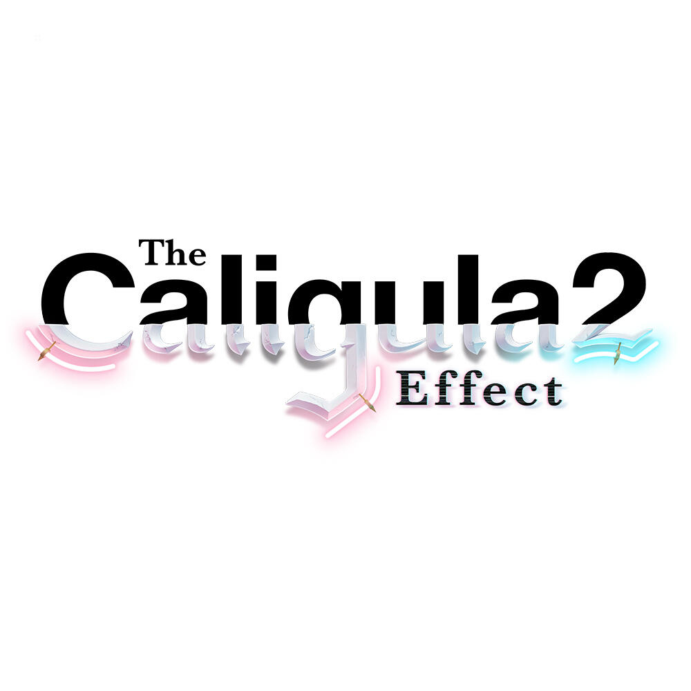 Il logo di The Caligula Effect 2. Ha testo al neon rosa e blu su sfondo bianco.