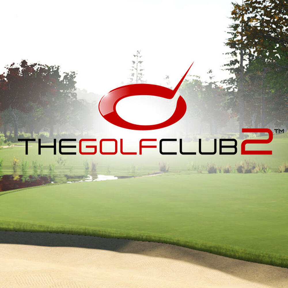 Logo The Golf Club 2 z tłem pola golfowego. Czerwona grafika z tekstem.