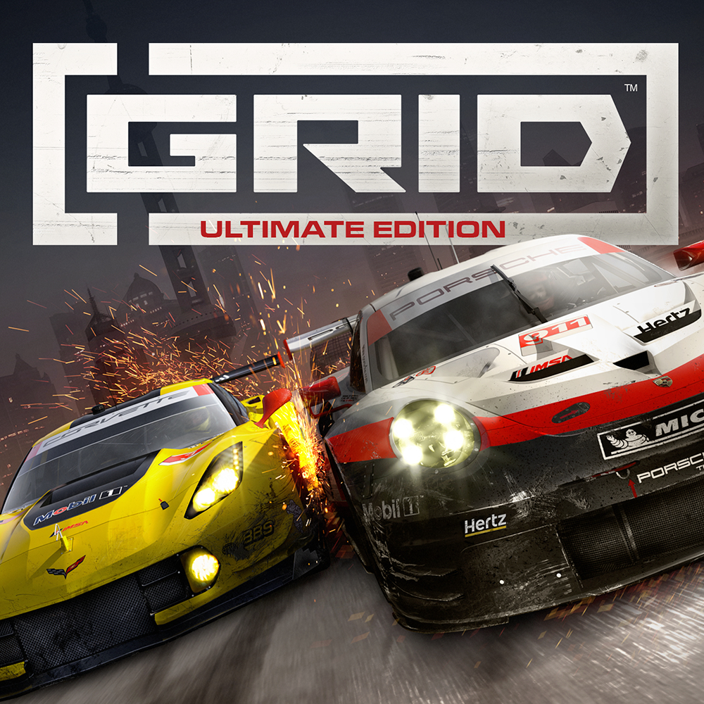 Dwa samochody wyścigowe zderzają się, iskry lecą. Tytuł gry GRID u góry.