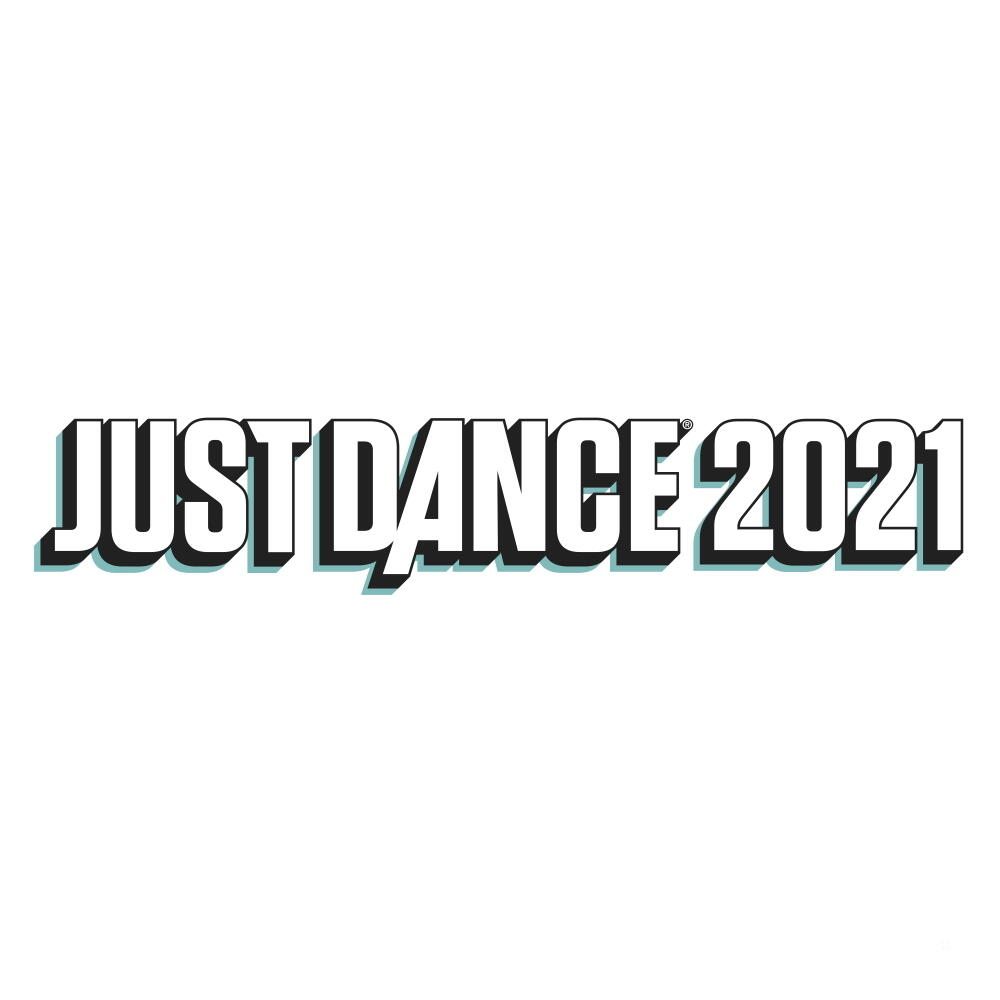 Słowa "JUST DANCE 2021" w białych literach z czarną obwódką na białym tle.
