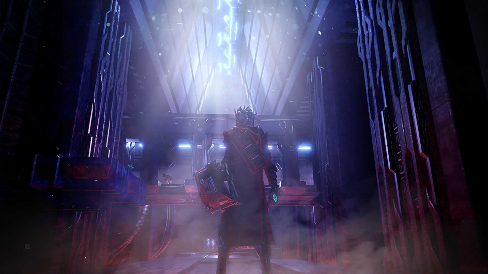 Postać w ciemnym korytarzu ze światłem. Postać stoi w oświetlonym korytarzu z niebieskim światłem.