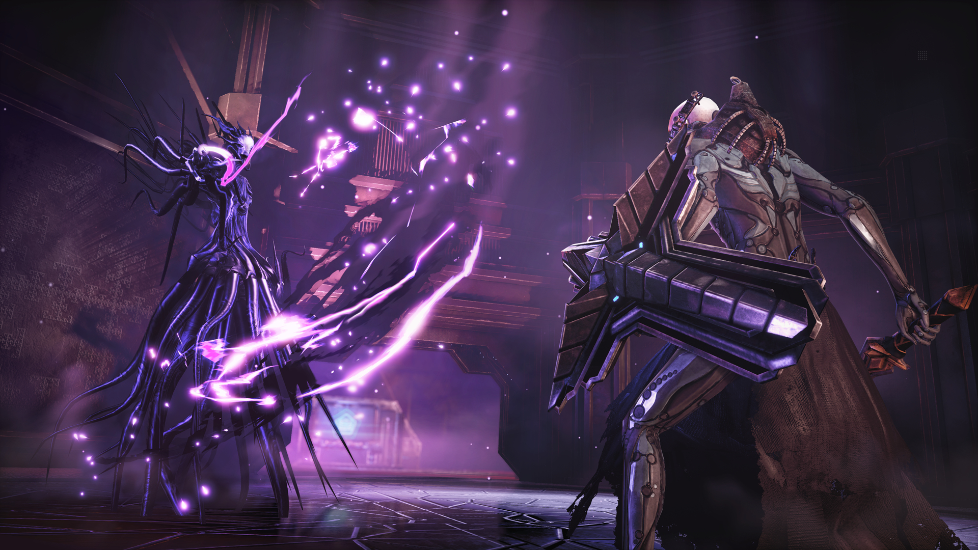 Dwie postacie walczące z energią. Jedna postać jest ciemna, druga opancerzona. Fioletowe efekty energii.