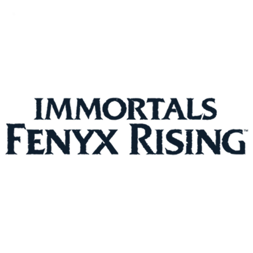 Logo gry 'Immortals Fenyx Rising', biały tekst na ciemnoniebieskim tle. Prosty i odważny design.