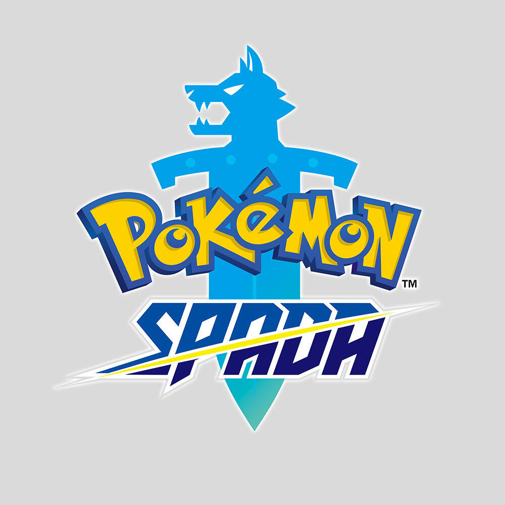 Logo Pokémon Shield. Zawiera miecz i wilka. Niebieski i żółty na szarym tle.