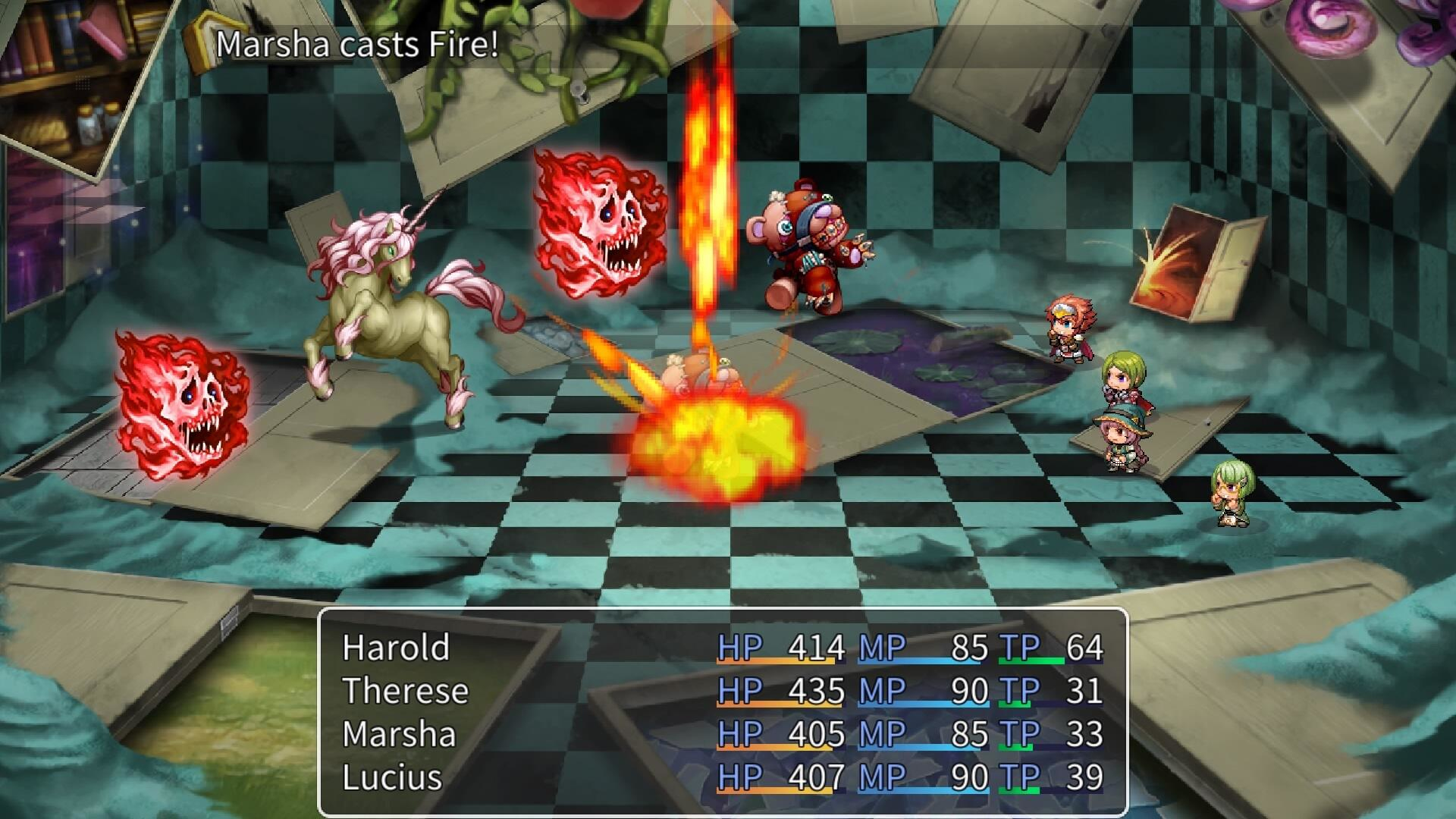 Ekran gry z walczącymi postaciami. Kula ognia wybucha. Tekst wyświetla statystyki postaci i akcje.