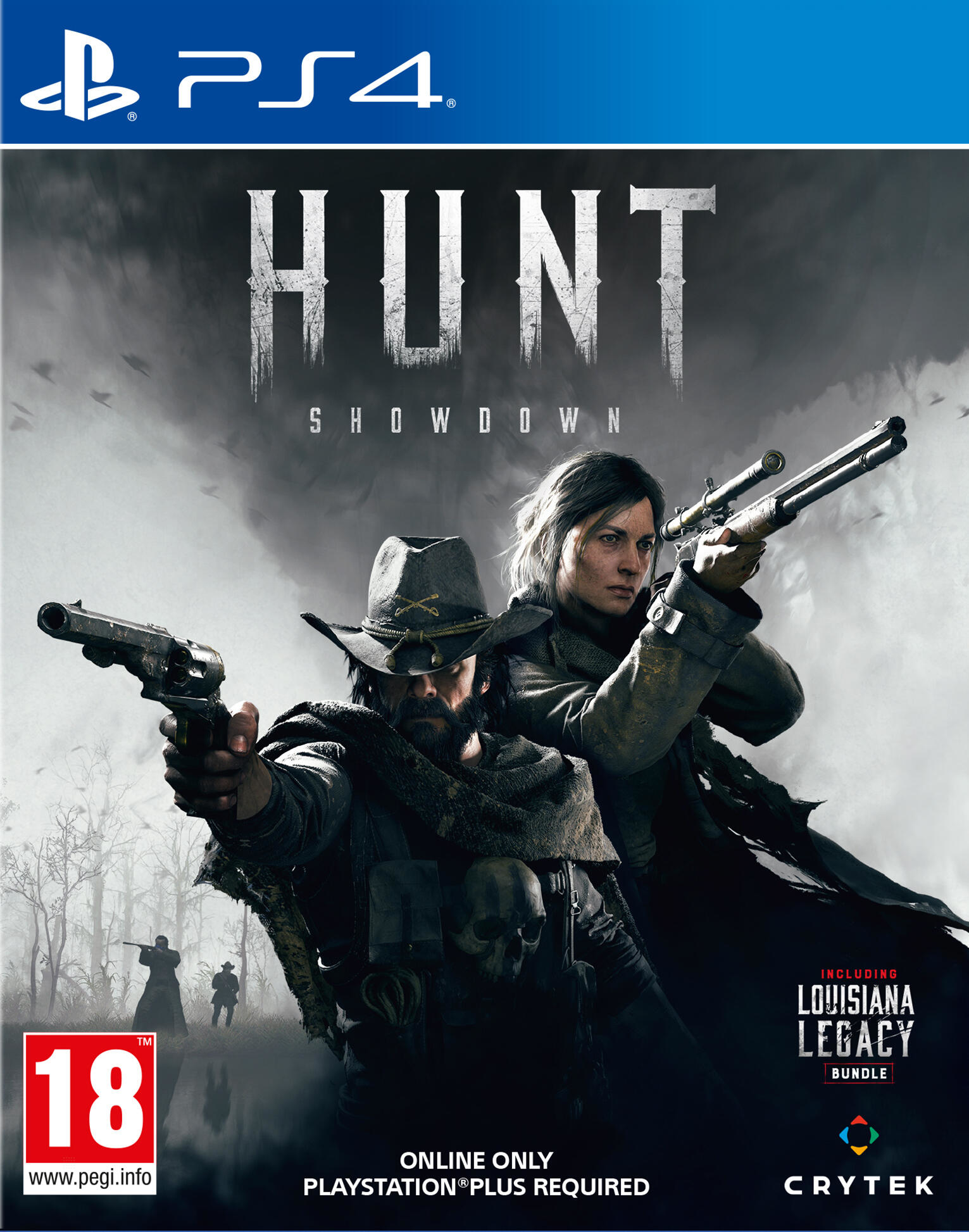 Copertina del gioco PS4 per Hunt: Showdown, con due uomini con armi in un'ambientazione nebbiosa.