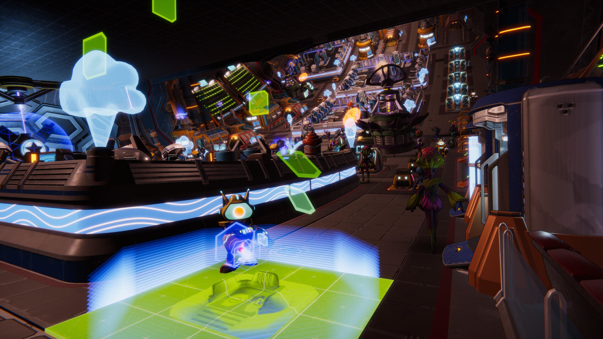 Wnętrze statku kosmicznego z postaciami i wyświetlaczami holograficznymi.