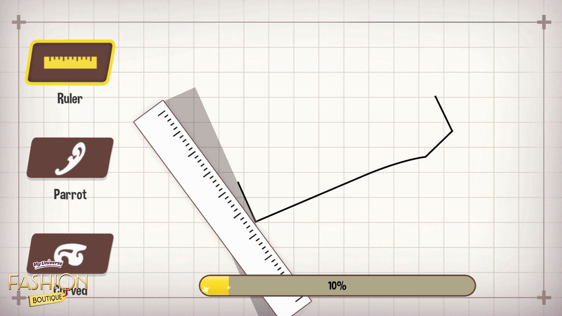 Ekran z narzędziami do rysowania i paskiem postępu, z linijką i ikoną papugi.