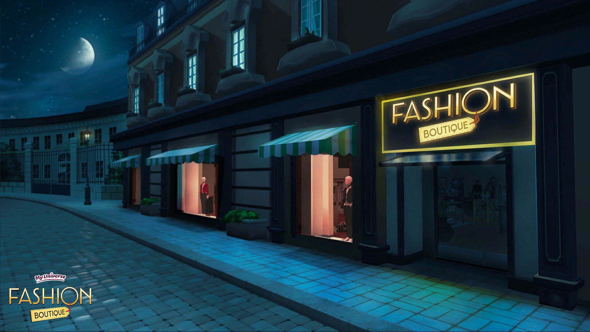 Una boutique de moda de noche con letrero iluminado y escaparates, calle y luna en el fondo.