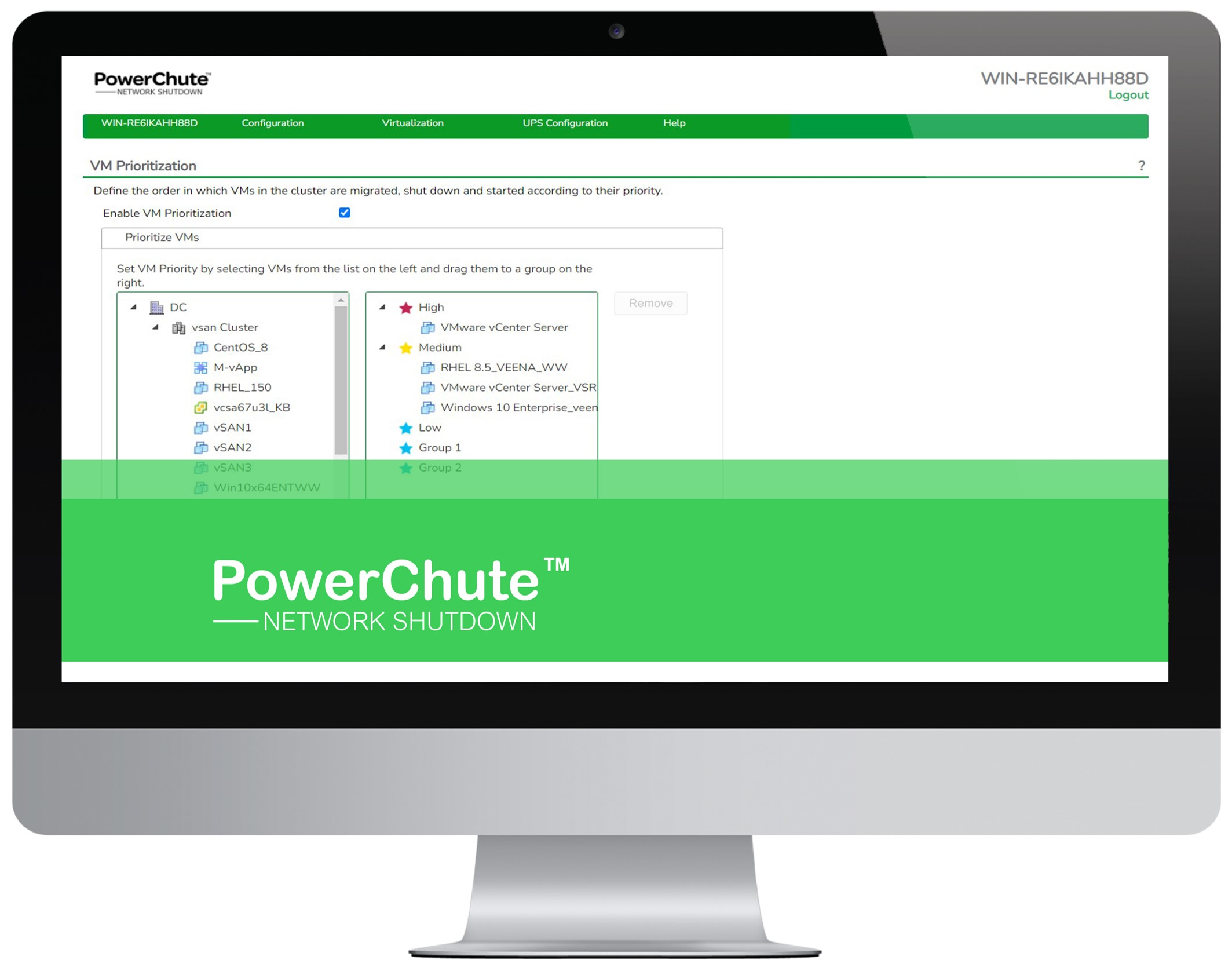 Uno schermo del computer con l'interfaccia del software PowerChute Network Shutdown, che mostra la priorità delle VM.