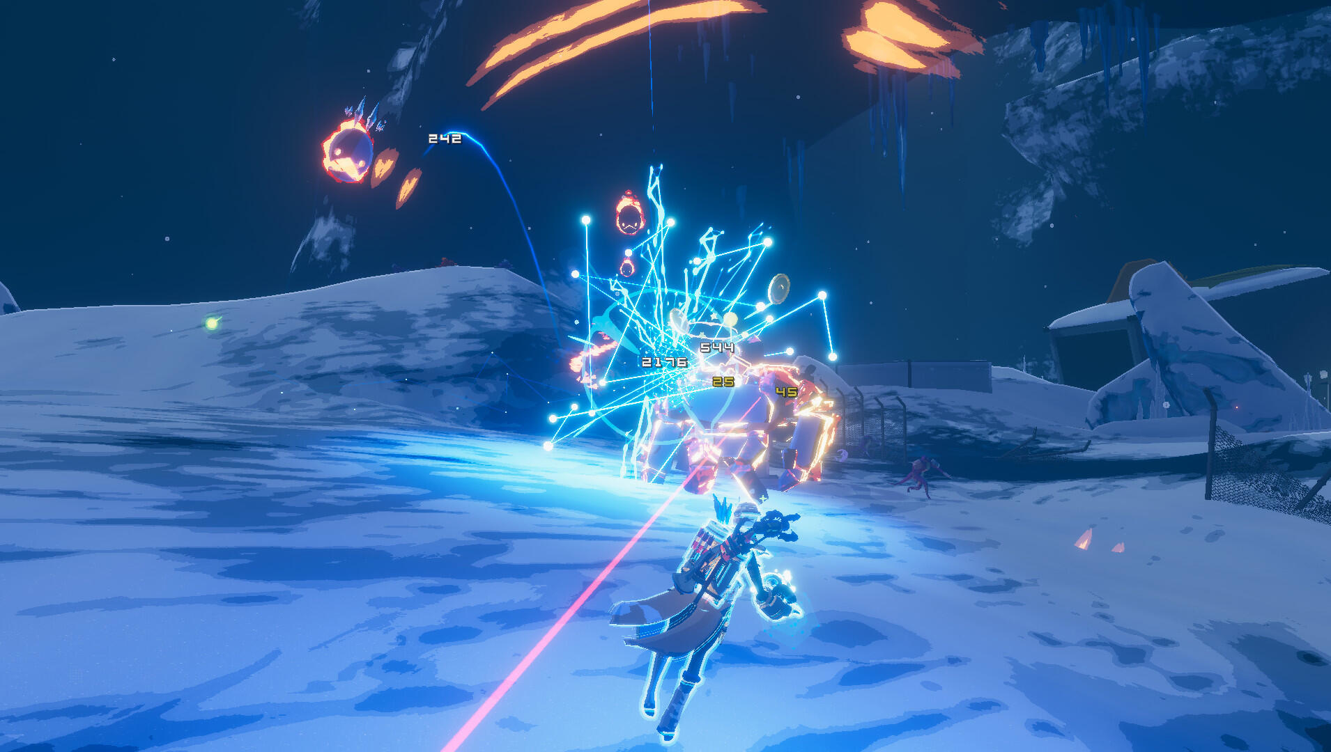 Postać w scenerii science-fiction walcząca z wiązkami energii i eksplozjami.