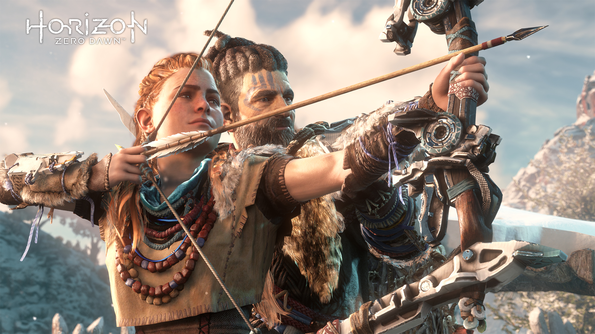 Kobieta i mężczyzna celują z łuków i strzał w zaśnieżonym krajobrazie. Widoczne logo 'Horizon Zero Dawn'.