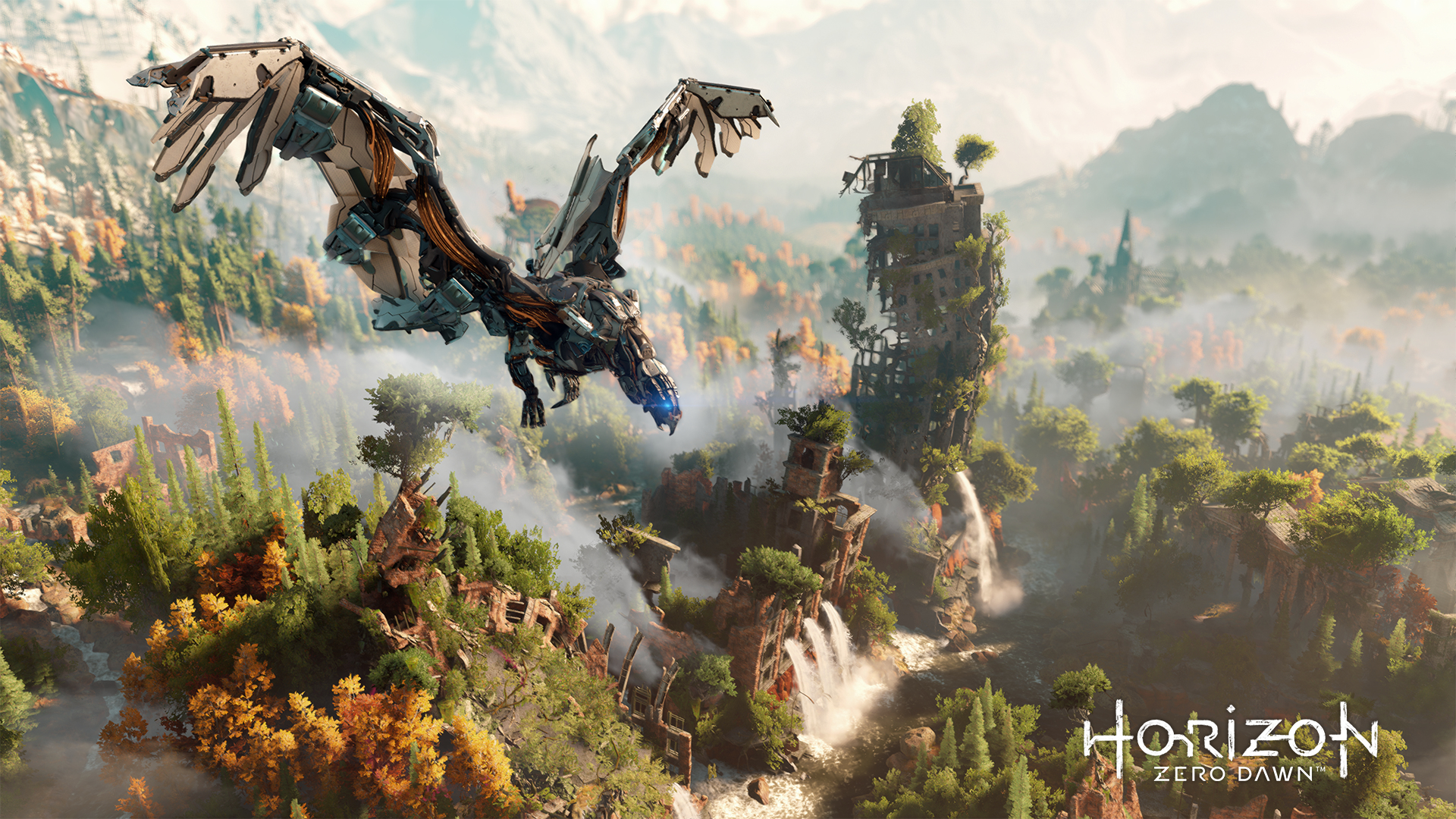 Scena z gry Horizon Zero Dawn, latająca maszyna nad bujnym lasem i wodospadami.