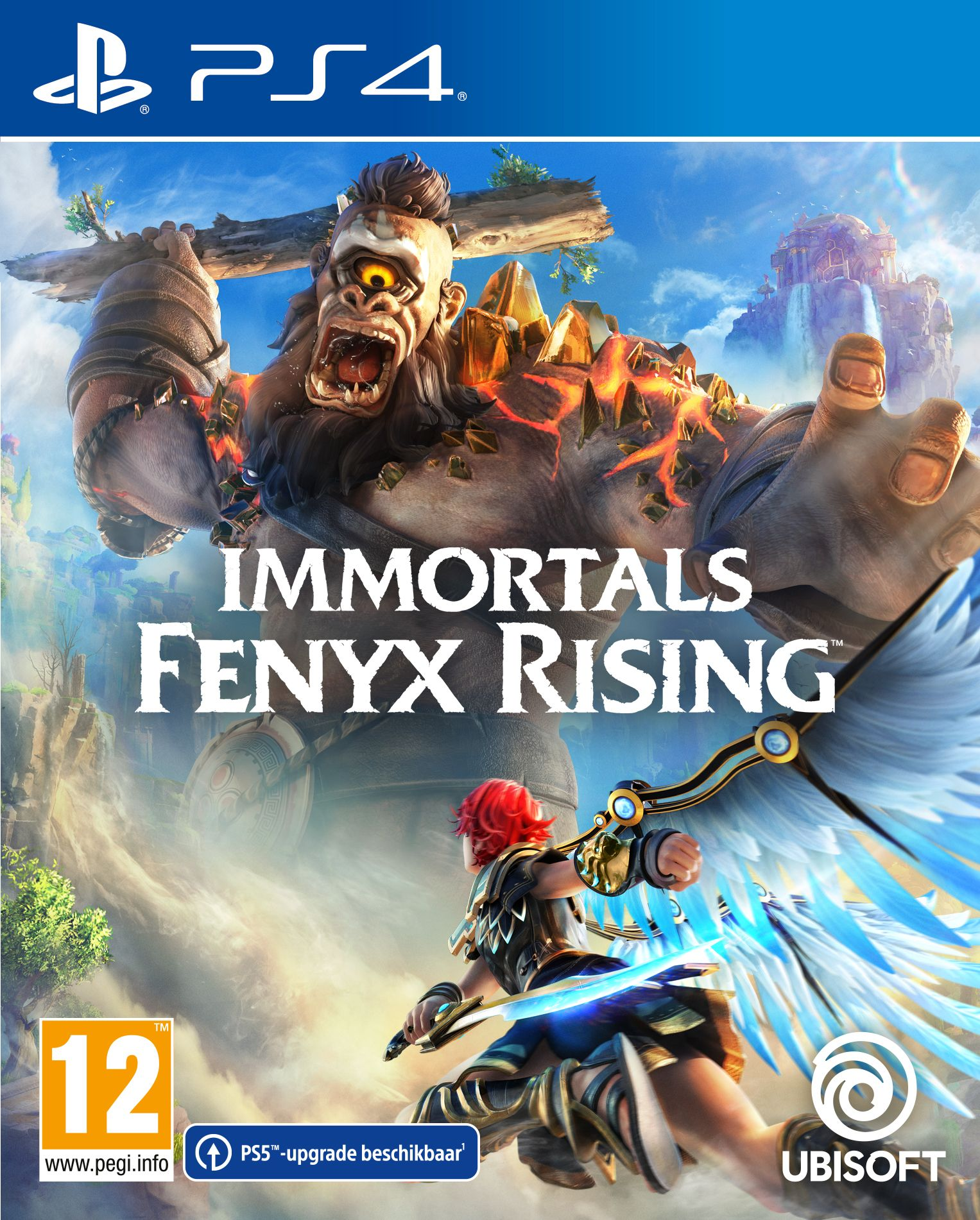 La copertina del gioco Immortals Fenyx Rising per PS4. Un personaggio con le ali combatte un gigante.