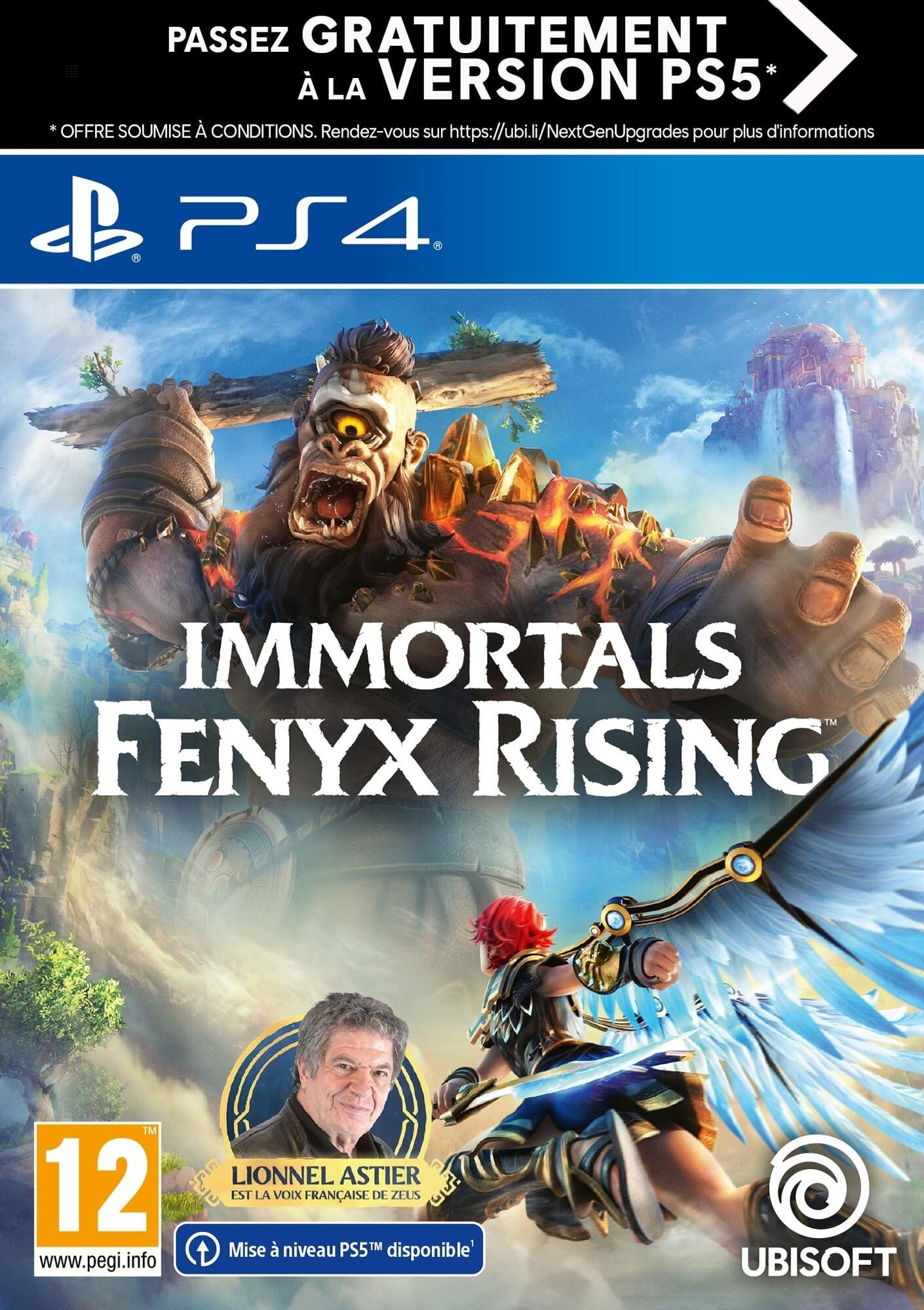 La copertina del gioco Immortals Fenyx Rising per PS4. Presenta un personaggio con le ali e un gigante.