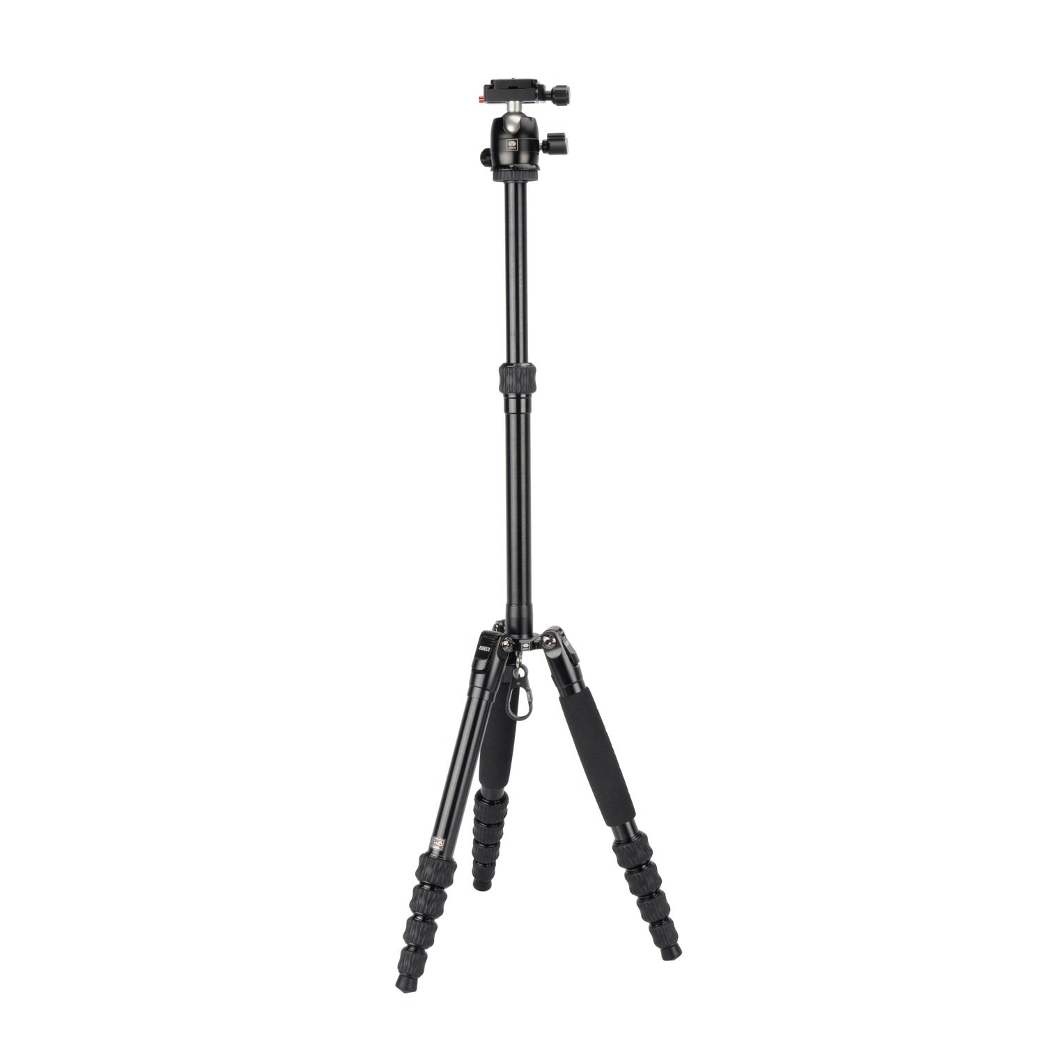 A black tripod with three legs, a center column, and a ball head, all on a white background.