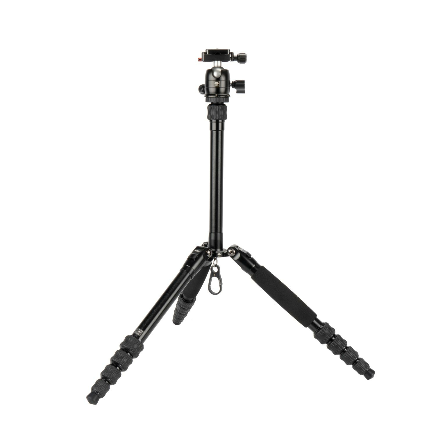 A black tripod with three legs, a camera mount, and a central column.