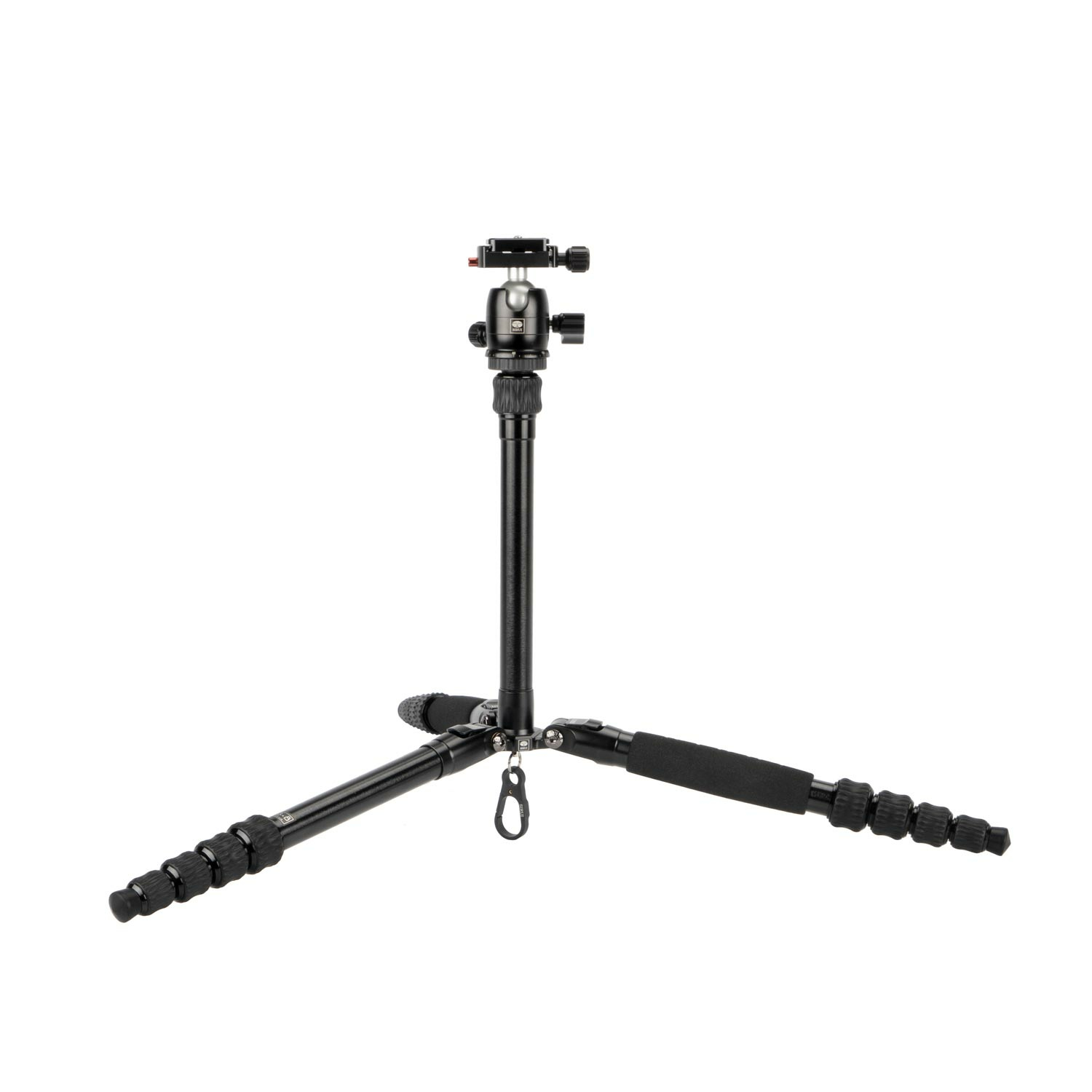 A black tripod with three legs, a center column, and a ball head, all on a white background.