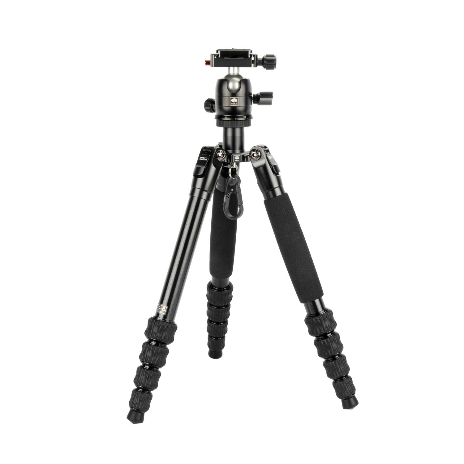 A black tripod with three legs, a center column, and a ball head, all on a white background.