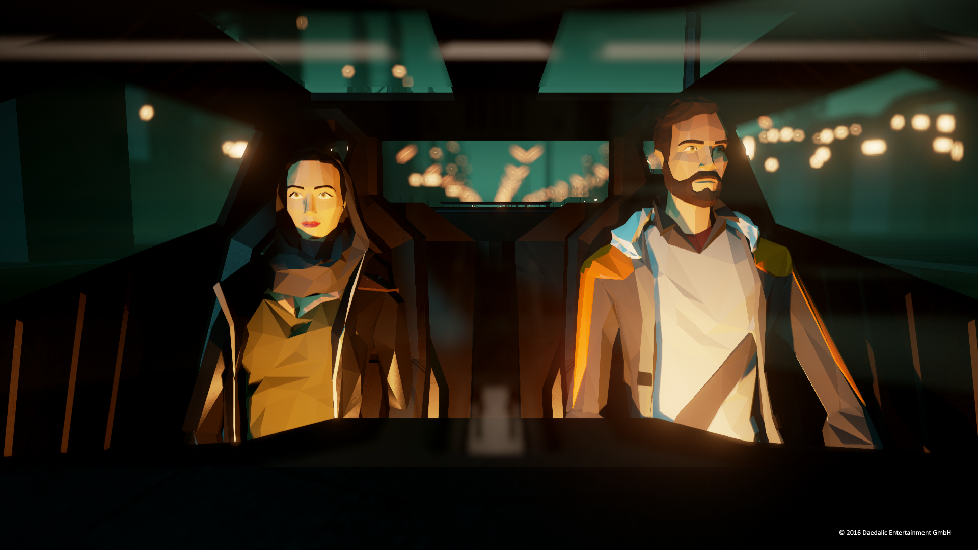 Dwie postacie we wnętrzu samochodu. Kierowca to mężczyzna z brodą. Pasażer to kobieta.