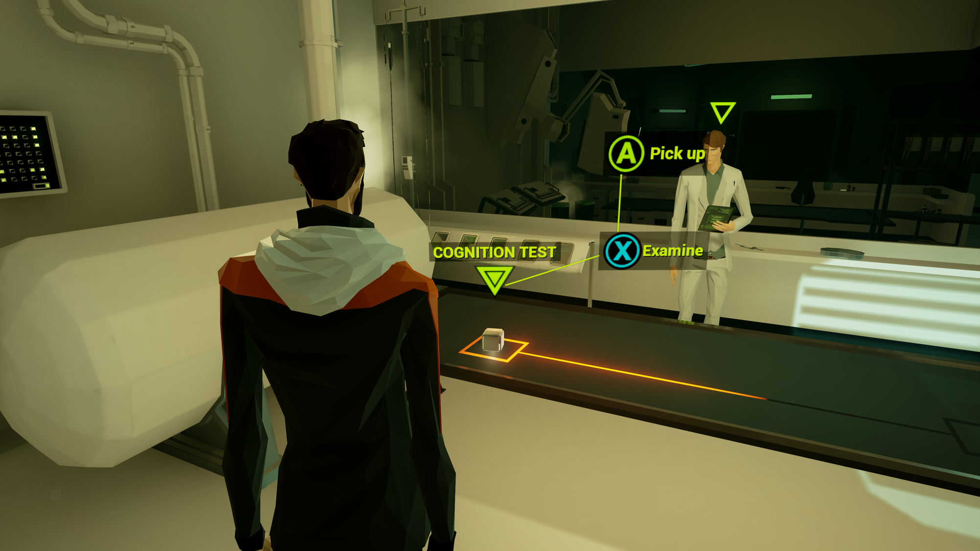 Osoba badająca kostkę na taśmociągu. Inna osoba w białym kitlu stoi obok. Grafika niskopoligonowa.