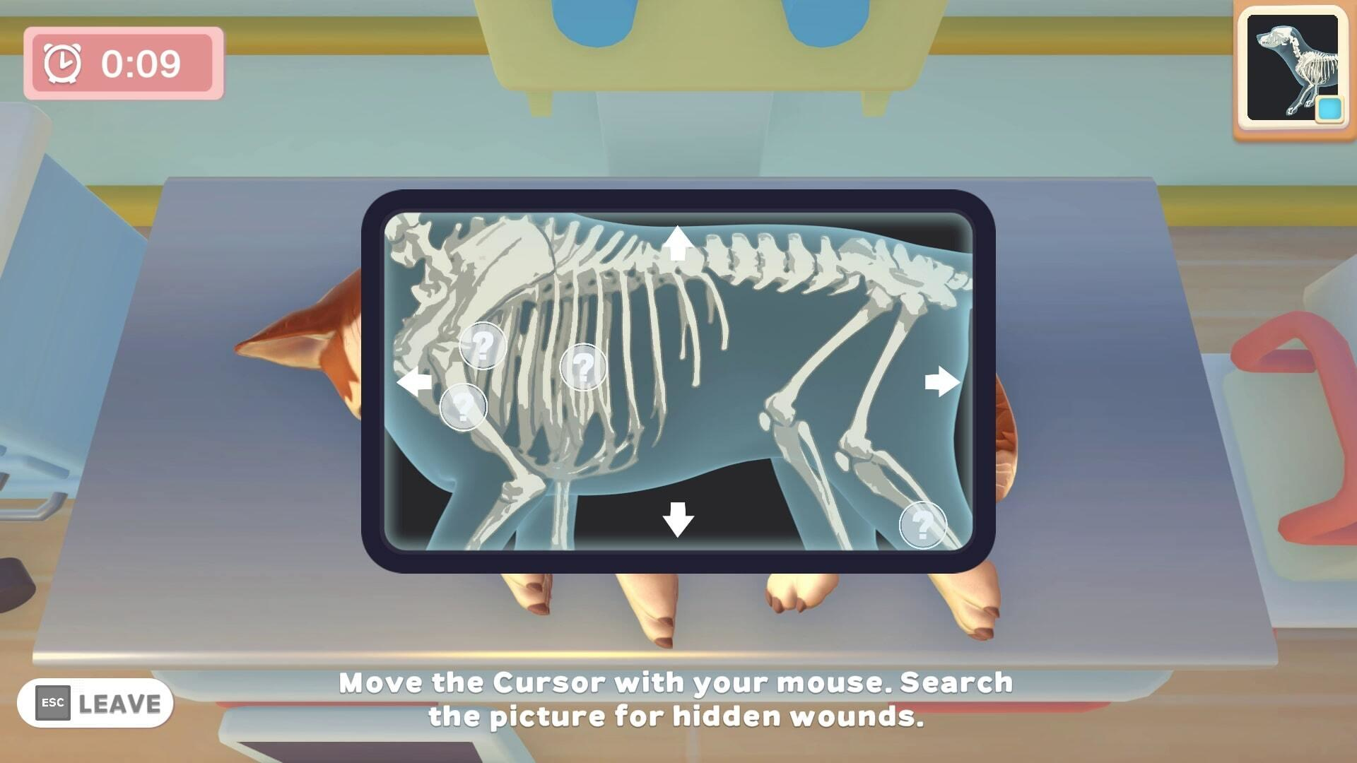 Scena z gry ze szkieletem psa wyświetlanym na ekranie, z kursorem.